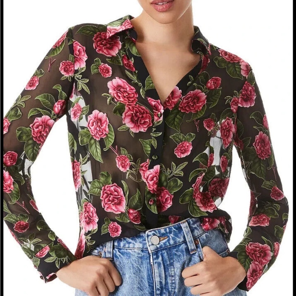 Alice + Olivia Eloise Silk Blend Floral Blouse Cheri Floral Semi Sheer Sz M NEW